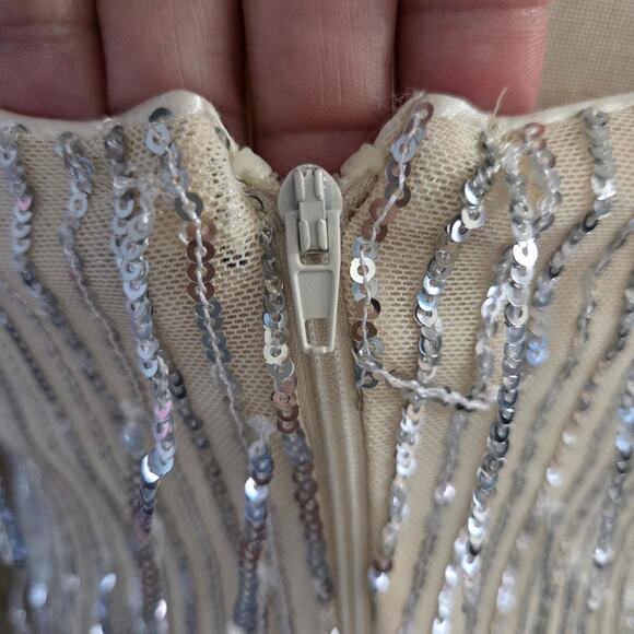 NWT Francesca's Champagne Sleeveless Sheer Net Fringe Sequin Party Club Dress S - Picture 4 of 11